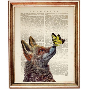 Fox With Butterfly on Nose Dictionary Art Print, Fox Wall Hanging, Funny Animal Prints, Fox Wall Art, Fox Wall Print Poster