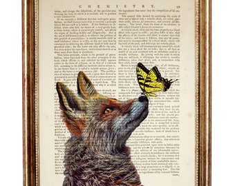 Fox With Butterfly on Nose Dictionary Art Print, Fox Wall Hanging, Funny Animal Prints, Fox Wall Art, Fox Wall Print Poster