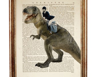 Dinosaur Wall Decor, Man Riding Dinosaur Wall Art, Animal Dictionary Art Print, Dino Book Page Art, T Rex Wall Hanging
