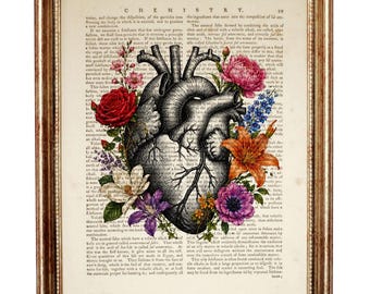 Lámina artística con diseño de diccionario del corazón humano, arte mural anatómico floral, póster de página de diccionario vintage, decoración botánica para dormitorio.
