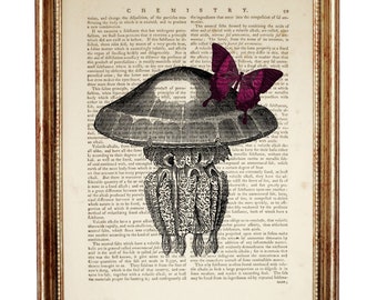 Presentes de Natal, Impressão de arte de dicionário de água-viva com borboleta, Arte de parede surreal do oceano, Pôster náutico, Arte da vida marinha