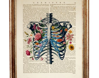 Ribcage with Flowers Wall Decor, Anatomy Dictionary Book Page Art 8x10, Human Anatomy Wall Art, Anatomical Skeleton Poster