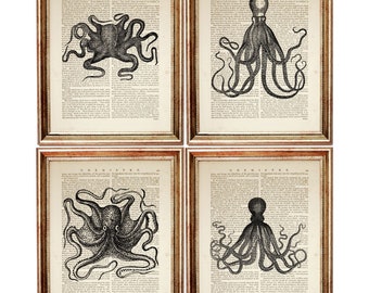 Set of 4 Wall Art, Octopus Art Print, Octopus Wall Art Set, Sea Life Prints, Ocean Life Print Set of 4, Nautical Decor