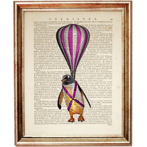 Pinguin mit Heißluftballon Wörterbuch Art Print, Lustiges Tier Wandbild, Nursey Tier Poster