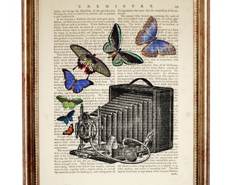 Vintage Retro Camera with Colourful Butterflies Dictionary Art Print, Black & White Photo Camera Wall Decor