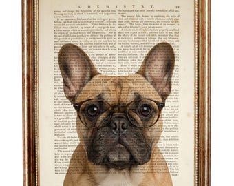 French Bulldog Dictionary Art Print, Funny Dog With Glasses Wall Art, Vintage Book Page Poster