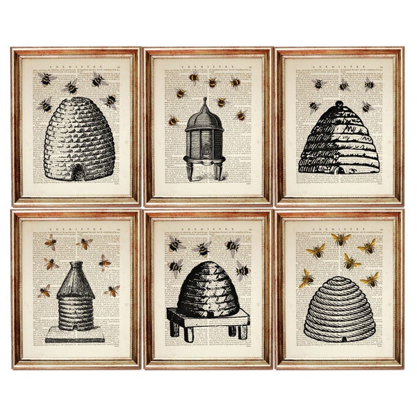 Set of 6 Art Prints, Beehive Art Print, Beehive with Bees Wall Art, Bee Hive Dictionary Art Print, Beehive Poster Beekeeper