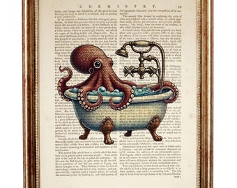 Stampa artistica con dizionario di polpo nella vasca da bagno, decorazione murale nautica, opera d'arte sulla vita marina, regalo per gli amanti dell'oceano, arte originale per il bagno