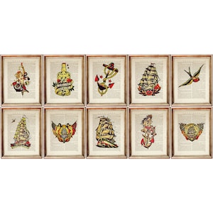 Sailor Jerry Wall Art, Set of 10 Prints Sailor Jerry Flash 8x10 Artwork Poster, Wall Decor Print Set of 10
