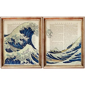 Set of 2 Prints, Kanagawa Wall Art, Under the Wave off Kanagawa Dictionary Art Print, Ocean Poster, Sea Wall Decor, The Great Wave Artwork