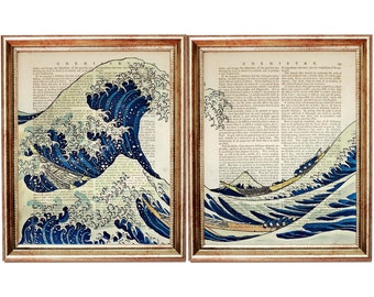 Set of 2 Prints, Kanagawa Wall Art, Under the Wave off Kanagawa Dictionary Art Print, Sea Wall Decor, The Great Wave