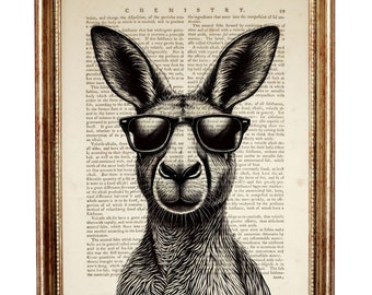 Christmas Gift, Cool Kangaroo with Glasses Wall Art, Funny Animal Portrait Vintage Dictionary Art Print, Animal Nursery Wall Decor