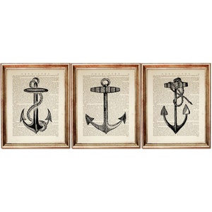 Conjunto de 3 impressões artísticas de dicionário de âncora, arte de página de livro vintage náutico, conjunto de 3 de arte de parede, arte de parede marítima, decoração costeira