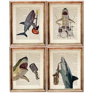 Set of 4 Wall Art, Shark Wall Decor, Shark Band Playing Music Instrument Dictionary Art Print, Shark Microphone Drums Poster