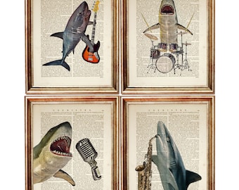 Set of 4 Wall Art, Shark Wall Decor, Shark Band Playing Music Instrument Dictionary Art Print, Shark Microphone Drums Print