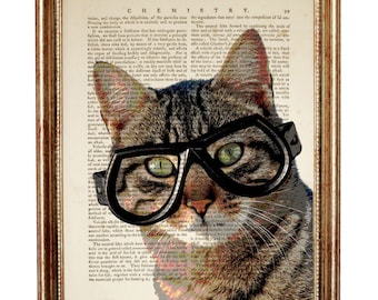 Stampa di gatto vintage, gatto divertente con occhiali su pagina di libro antico