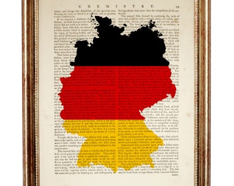 Germany Map Art Print, German Flag Vintage Dictionary Page, Patriotic Wall Art Decor, Country Silhouette Poster