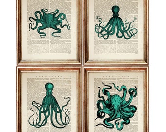 Set di 4 stampe di polpi color verde acqua, dizionario d'epoca, decorazione murale nautica, kraken steampunk