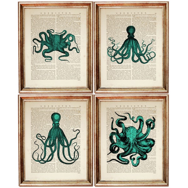 Set of 4 Octopus Art Prints, Turquoise Dictionary Art Print Collection, Sea Life Wall Decor, Octopus Poster, Nautical House Artwork