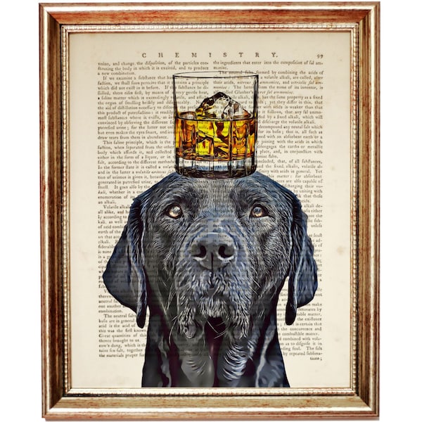 Svart labrador med bourbon glasväggkonst, roliga djurtryck husdjursporträtttryck bourbonälskaretryck, hundposter