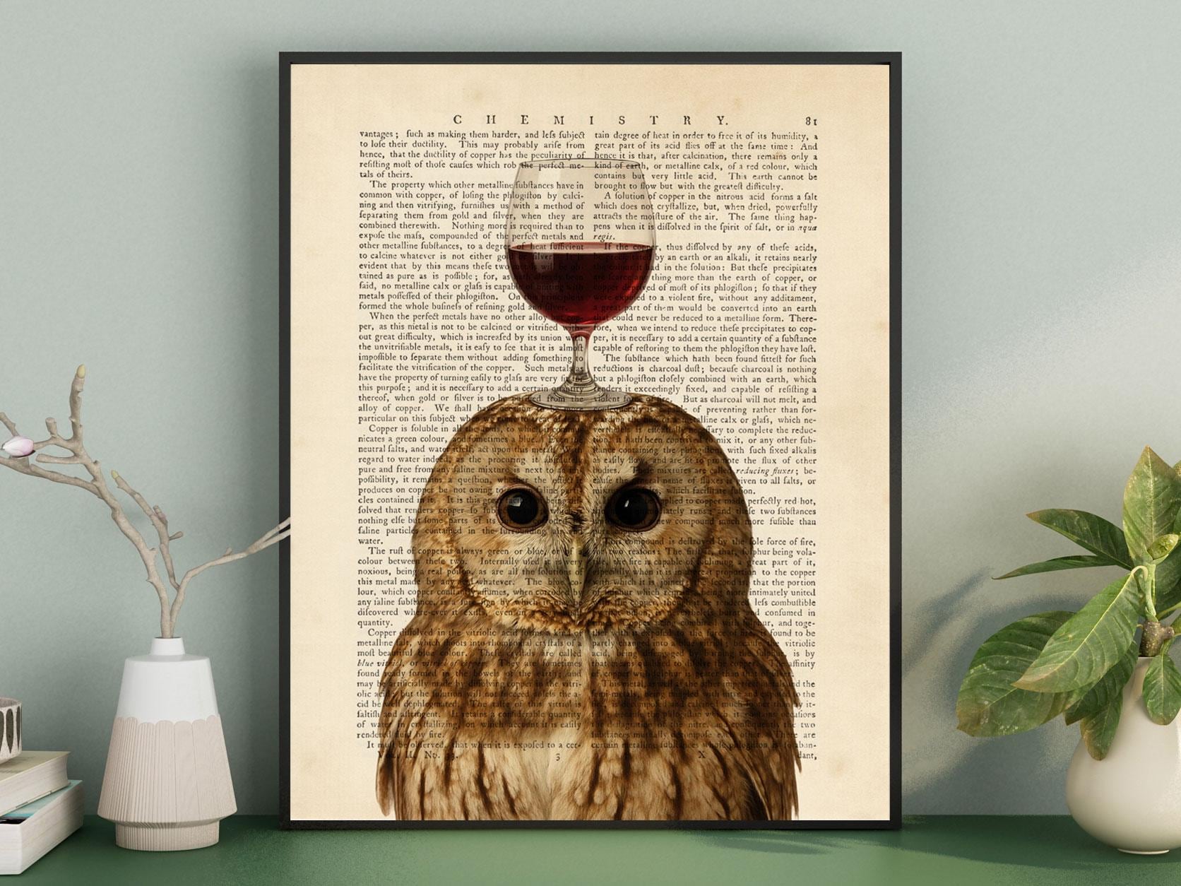 Owl Wall Art Print, Owl with Wine Glass Dictionary Page Artwork, Animal Illustration Home Decor, Wis