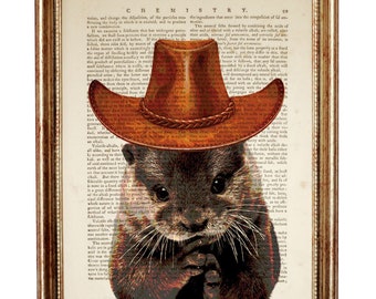 Otter mit Cowboyhut ,Diktionär Kunstdruck, Lustiges Tier Portrait