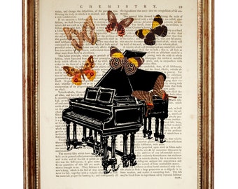 Grand Piano With Butterfly Wall Art, Piano Artwork, Piano Dictionary Art Print, Music Lover Gift, Piano Poster Artwork