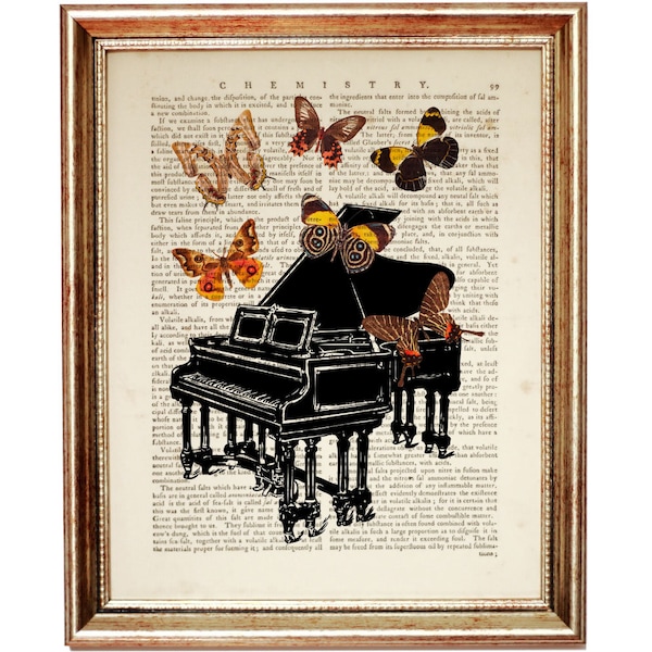 Piano With Butterfly Wall Art, Piano Artwork, Piano Dictionary Art Print, Music Lover Gift, Grand Piano Poster Artwork