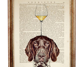 Cane da caccia tedesco a pelo corto con bicchiere di vino bianco, stampa artistica da dizionario, ritratto di cane da caccia tedesco a pelo corto, regalo per gli amanti del vino