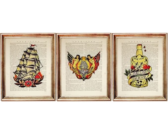 Set of 3 Sailor Jerry Tattoo Dictionary Art Prints, Vintage Nautical Wall Decor