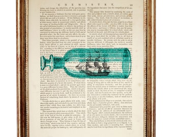 Ship in Bottle Dictionary Art Print, Vintage Nautical Maritime Wall Art
