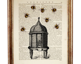 Beehive with Bees Wall Art, Beehive Dictionary Art Print, Beehive Wall Art, Bee Hive Wall Decor, Bumblebee Artwork