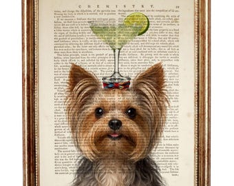 Yorkshire Terrier Dictionary Art Print, Funny Dog With Cocktail Glass, Pet Portrait Vintage Wall Art, Kitchen Or Bar Wall Decor