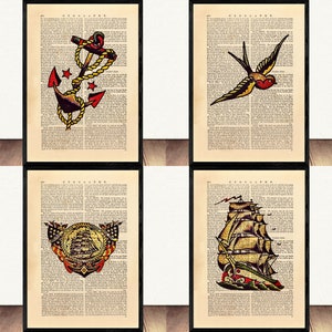 Set of 4 Prints, Sailor Jerry Print Wall Art, Sailor Jerry Tattoo Flash Wall Hanging Decor, Tattoo Flash Artwork Poster