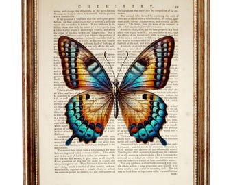 Lámina artística de diccionario de mariposas, decoración de pared natural, obra de arte de ejemplares de mariposas, página de libro reciclada, regalo para amantes de la naturaleza, arte mural botánico