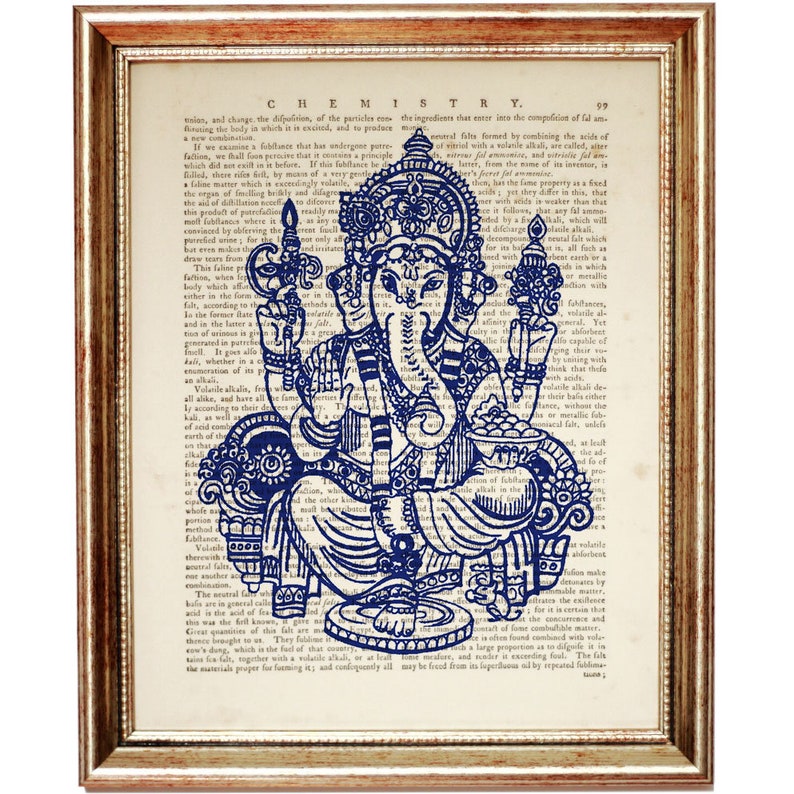 Kobaltblau Ganesh Wanddekor, 4er Set Drucke, Ganesha Wandkunst, Wörterbuch Kunstdruck, Hindu Kunstwerk Hindu Gott Wandbehang Bild 6