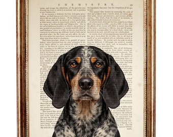 Bluetick Coonhound Dictionary Art Print, Vintage Dog Portrait Wall Art, Rustic Farmhouse Decor Poster Artwork