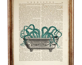 Octopus Bathtub Art Print Over Book Page, Steampunk Kraken Wall Decor, Surreal Bathroom Artwork, Gothic Science Poster