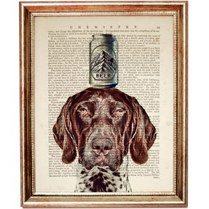May include: A brown and white German Shorthaired Pointer dog with a can of beer balanced on its head. The dog is looking directly at the viewer. The background is a vintage book page with text about chemistry.