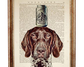 German Shorthaired Pointer Art Print, Dog with Beer Can Poster Decor