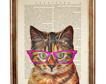 Stampa artistica del dizionario "Gatto con occhiali rosa", pagina di dizionario vintage