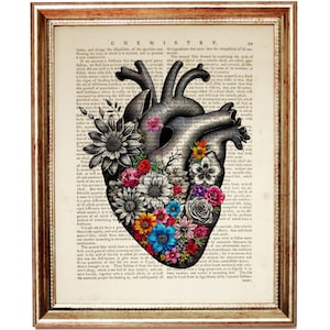 Floral Heart Dictionary Art Print, Vintage Anatomy Wall Art, Unique Anatomical Wall Decor, Human Heart with Flowers Poster