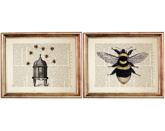 Juego de 2 láminas artísticas de diccionario de abejas, decoración de pared de abejorro, póster vintage de colmena, arte mural de insectos de granja, regalo de apicultor