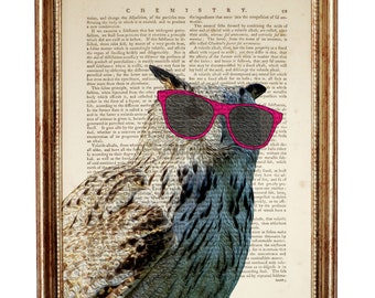Quirky Owl Art Print, Owl with Pink Sunglasses Vintage Dictionary Page, Fun Large Bird Nursery Wall Decor