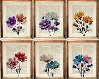 Juego de 6 láminas artísticas de flores silvestres, decoración botánica de pared, impresiones de páginas de diccionario de flores, juego de galería floral de pared, decoración rústica de granja