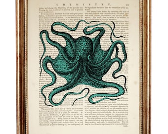 Octopus Dictionary Art Print, Nautical Poster, Sea Life Book Page Art, Ocean Life Wall Decor, Green Octopus Wall Art