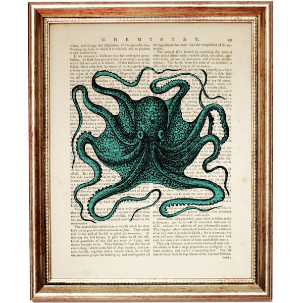 Turquoise Octopus Dictionary Art Print, Nautical Octopus Wall Art, Sea Life Prints, Ocean Life Poster 5x7 & 8x10 Underwater Nautical Artwork