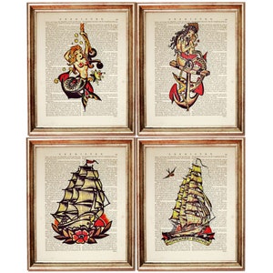 Set di 4 stampe, stampa artistica del dizionario di Sailor Jerry, opera d'arte di sirene, decorazione da parete di navi, set di poster vintage di tatuaggi flash