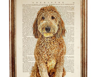 Arte de pared con perro Goldendoodle, impresión de perro, impresión de arte de diccionario reciclado, arte Goldendoodle, ilustraciones de libros con póster Goldendoodle