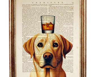 Labrador Dictionary Art Print, Dog with Whiskey Glass, Bar Decor Poster